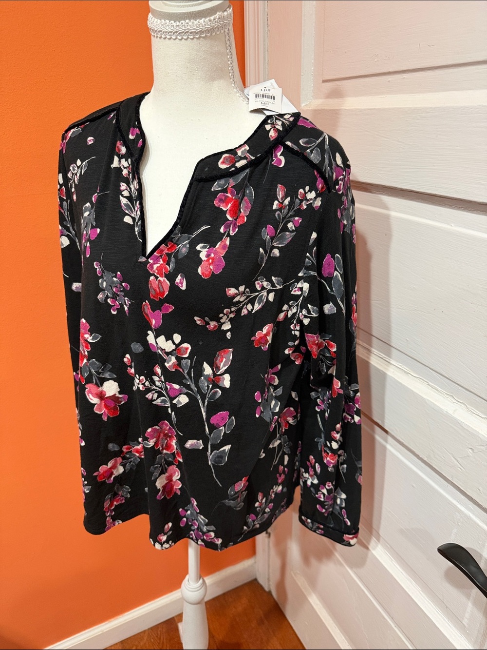 J. Jill Black Floral Notch-Neck Blouse with Pink & Red Blossoms